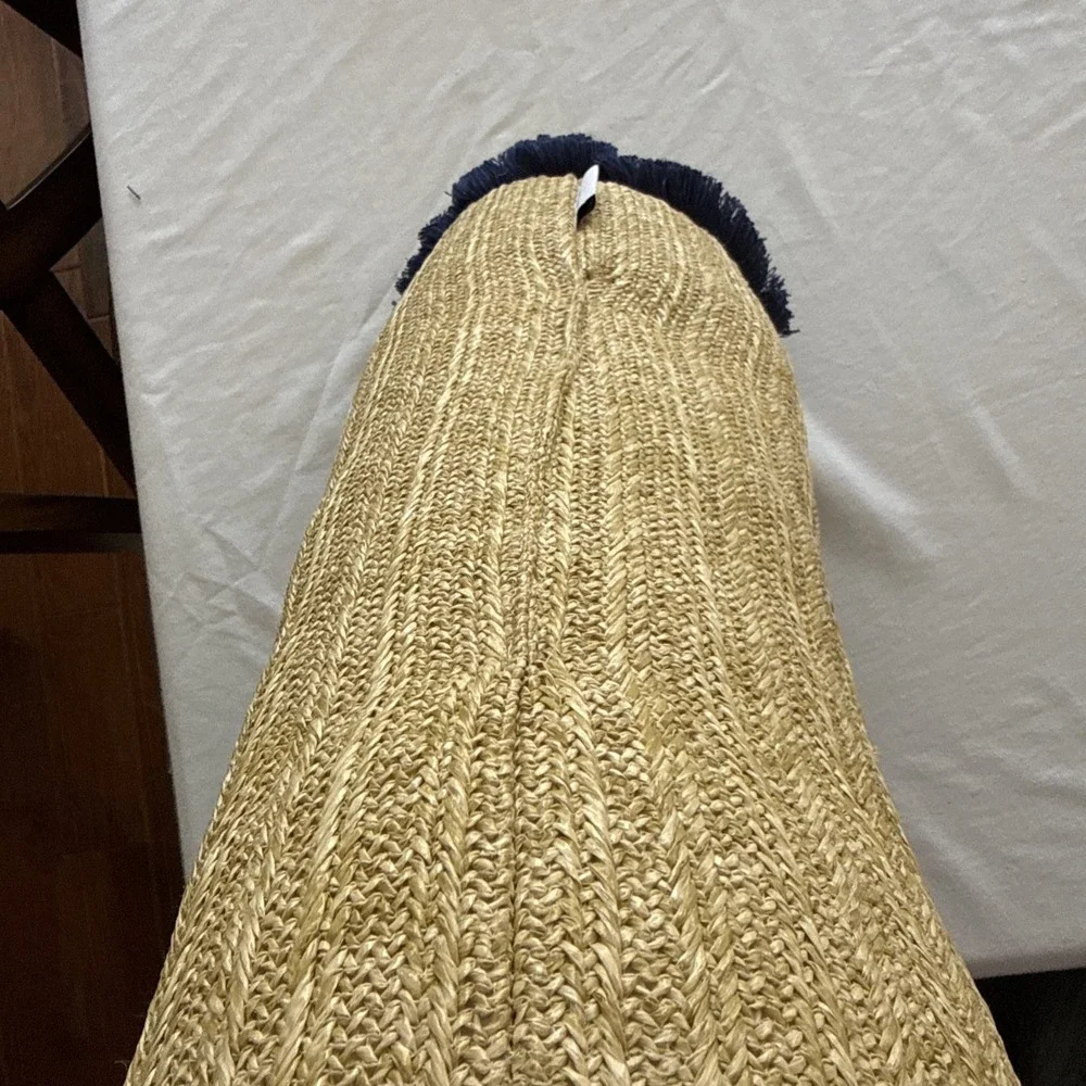 Tommy Bahama Straw Bolster Pillow 20x8.5 Tropical Navy Fringe Tan Decorative
